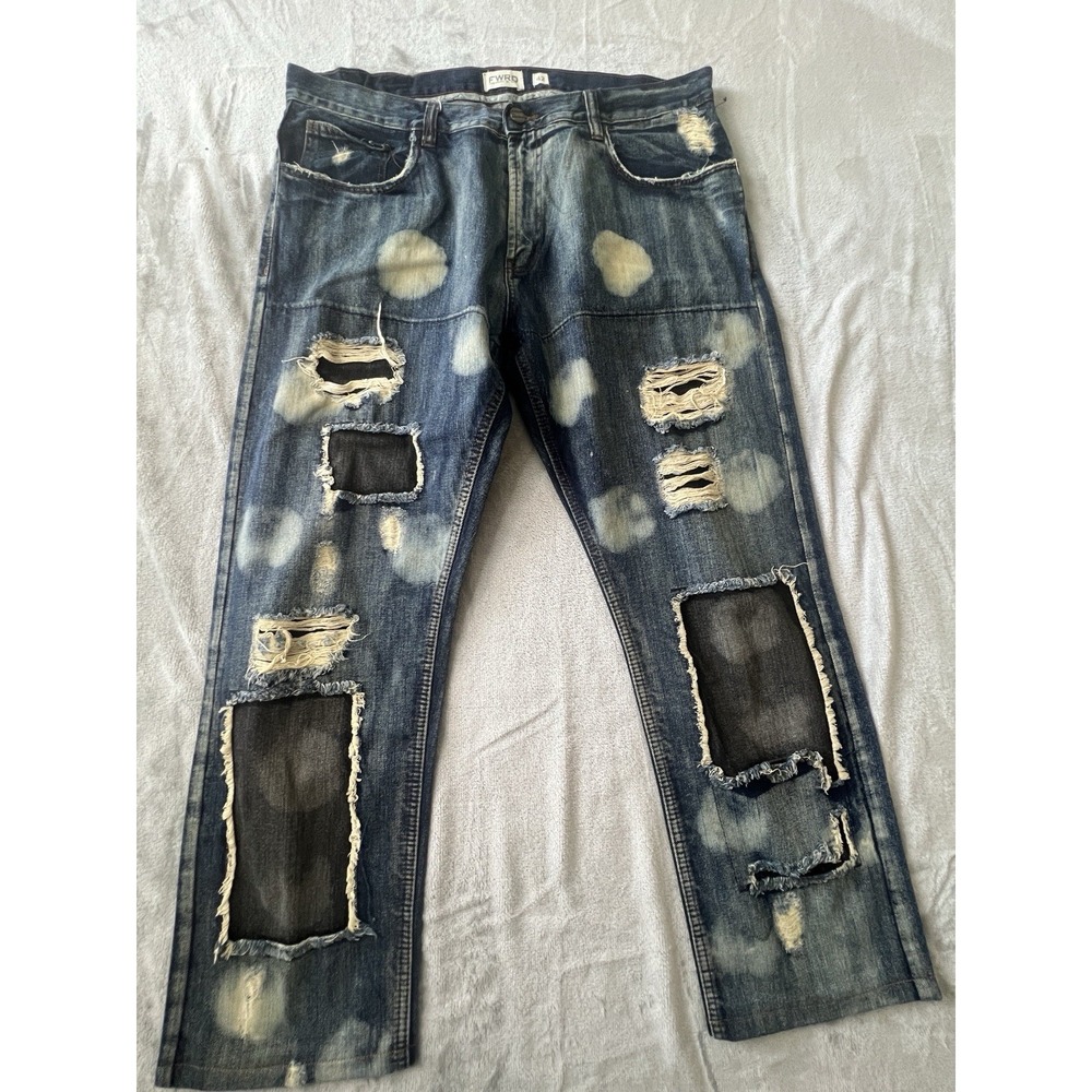 FWRD Mens Jeans 42x32 Blue Bleach Splatter Ripped Patchwork Straight
